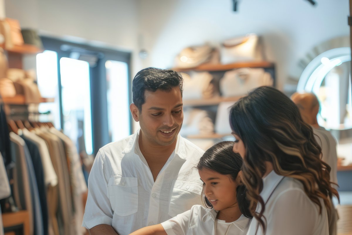 Família sendo atendida em loja de moda — experiência de compra ARP Group